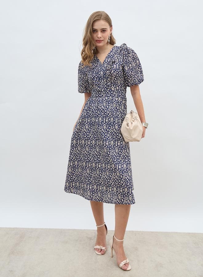 Styli All-Over Print V Neck A-Line Midi Dress with Ruffle Trim — M