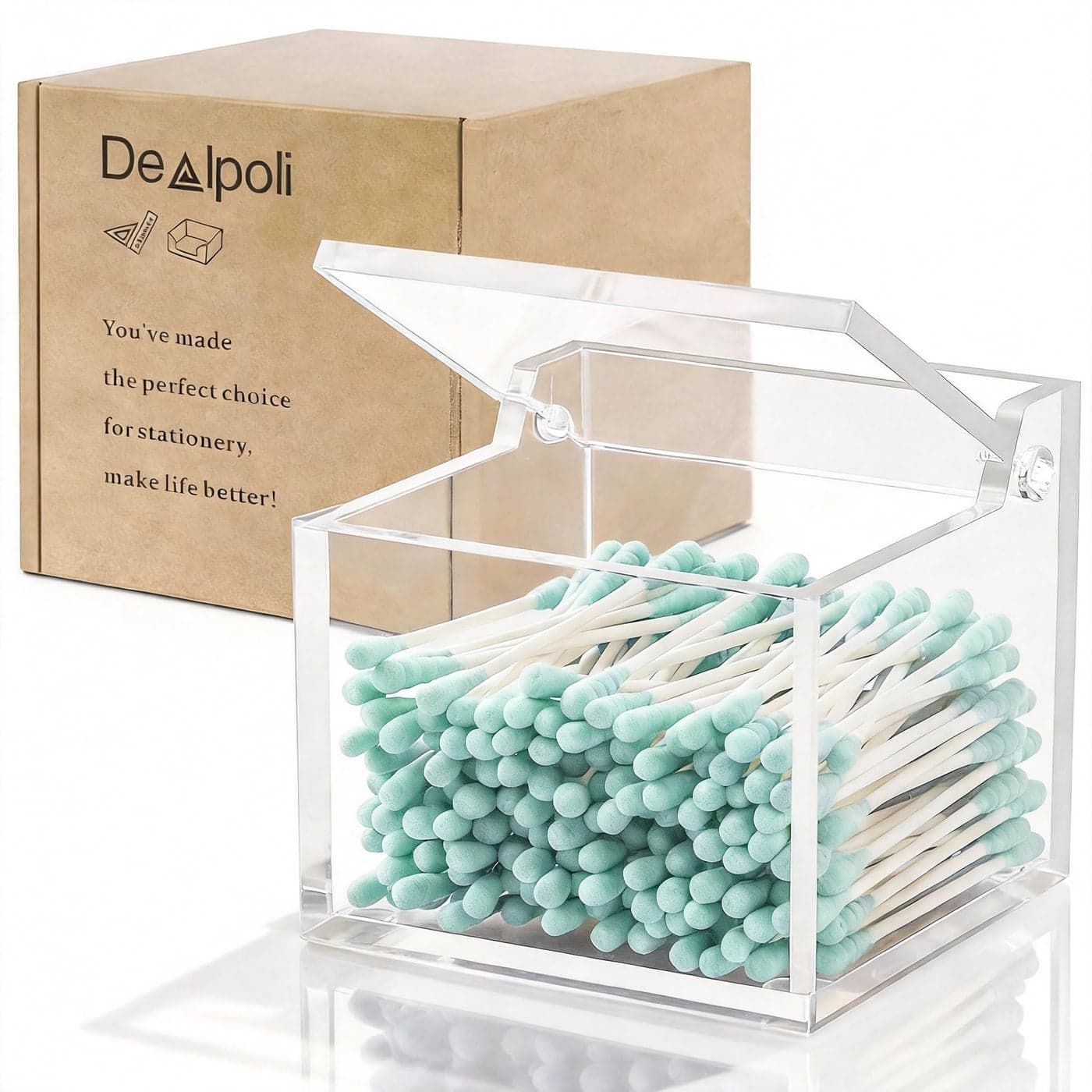 Dealpoli Clear Acrylic Qtip Holder With Lid Cotton Balls Swab OrganizerSquare Q Tip Storage Floss Picks Bath Salts Cotton Wab HolderHome Bathroom Decor DP011