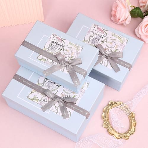 HOME ELEMENTS 3 Pcs Set of Elegant Decorative Gift Boxes with Bow, Rigid Cardboard Boxes, Decorative Present Boxes,Bridesmaid Box, Empty Gift Boxes for Presents, Hampers, Birthdays, Weddings & Events, Special Occasions (Blue)