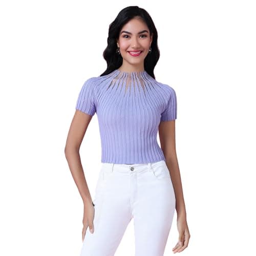 ICW Women Knit Rhinestone Embellised Mesh Crop Top Slim Fit T-Shirt (One Size Bust 28-34 Inch) 107 (Purple)