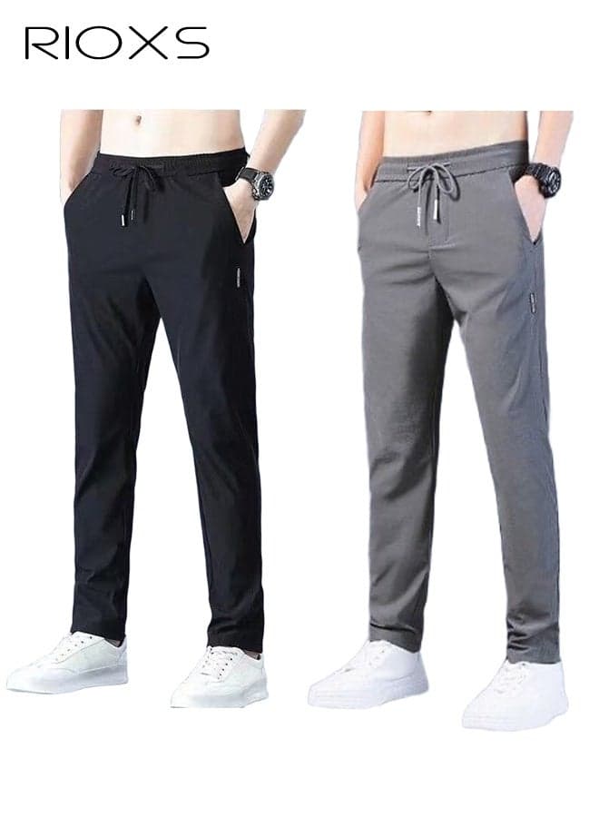 2Pcs Men's Ice Silk Summer Sweatpants, Breathable Quick Dry Coool Sports Pants with Elastic Waistband and Pockets, Casual Slim Fit Straight Leg Pants with Drawsting Closure, Stretch Athletic Pants Outdoor Trousers for Soccer, Running, Workout, Commuting, Daily Wearing, Black+Grey