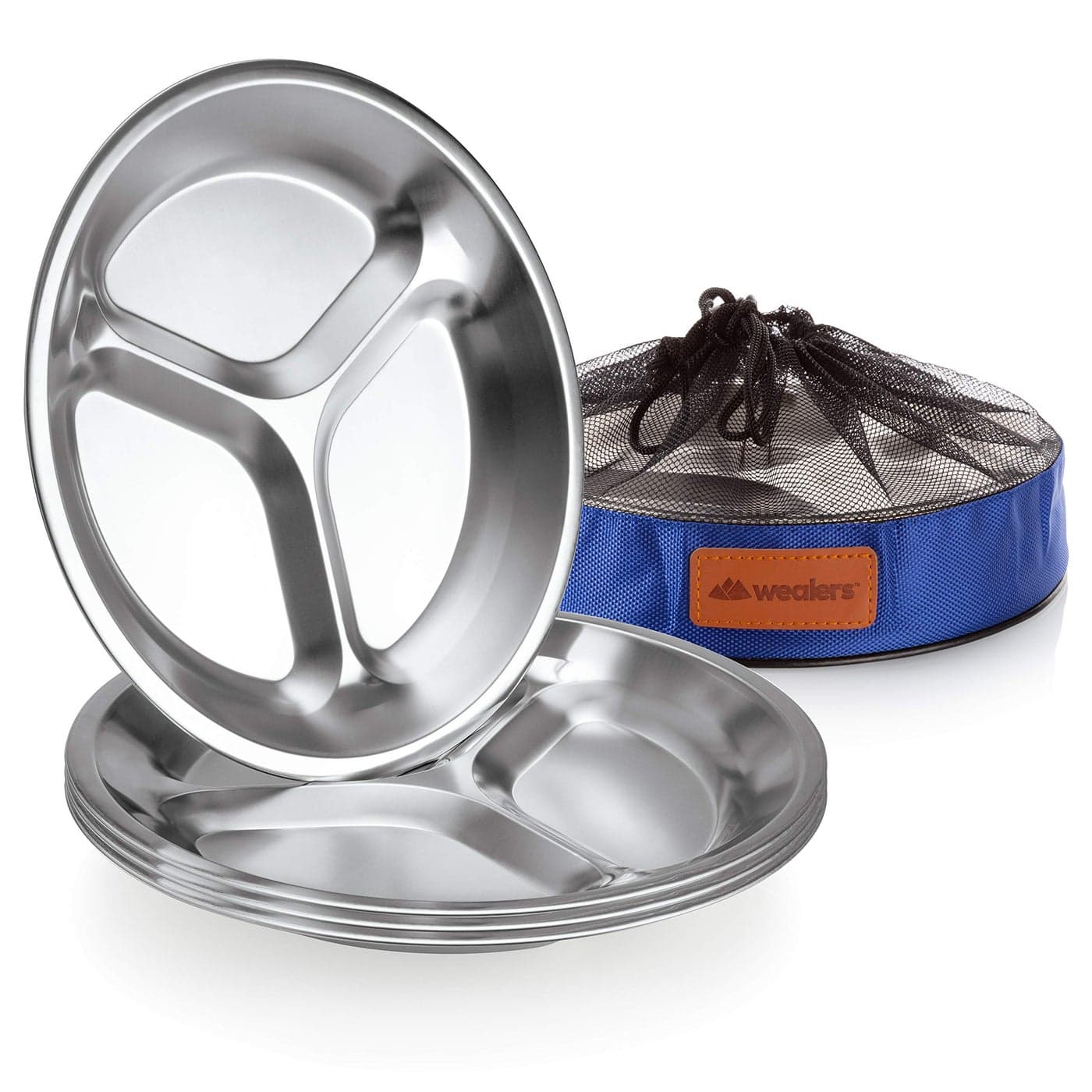 Stainless Steel Plate Set Portable Dinnerware Set of 4 Round BPA Free Sectioned Plates with Mesh Travel Bag for Outdoor Camping Hiking Picnic BBQ Beach 98