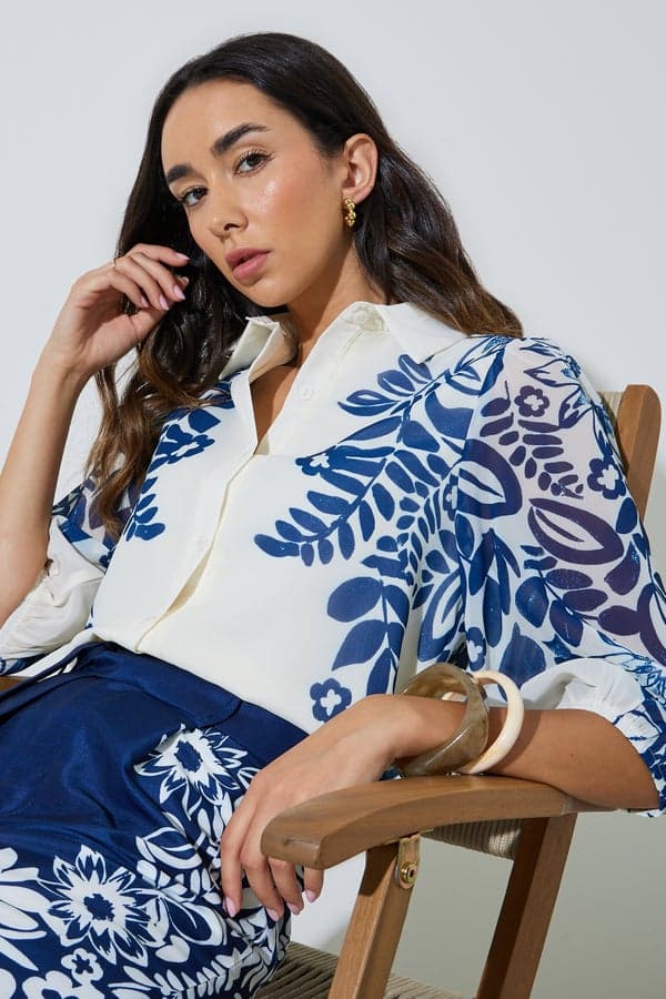 Styli Navy Blue Border Placement Print Floral Shirt