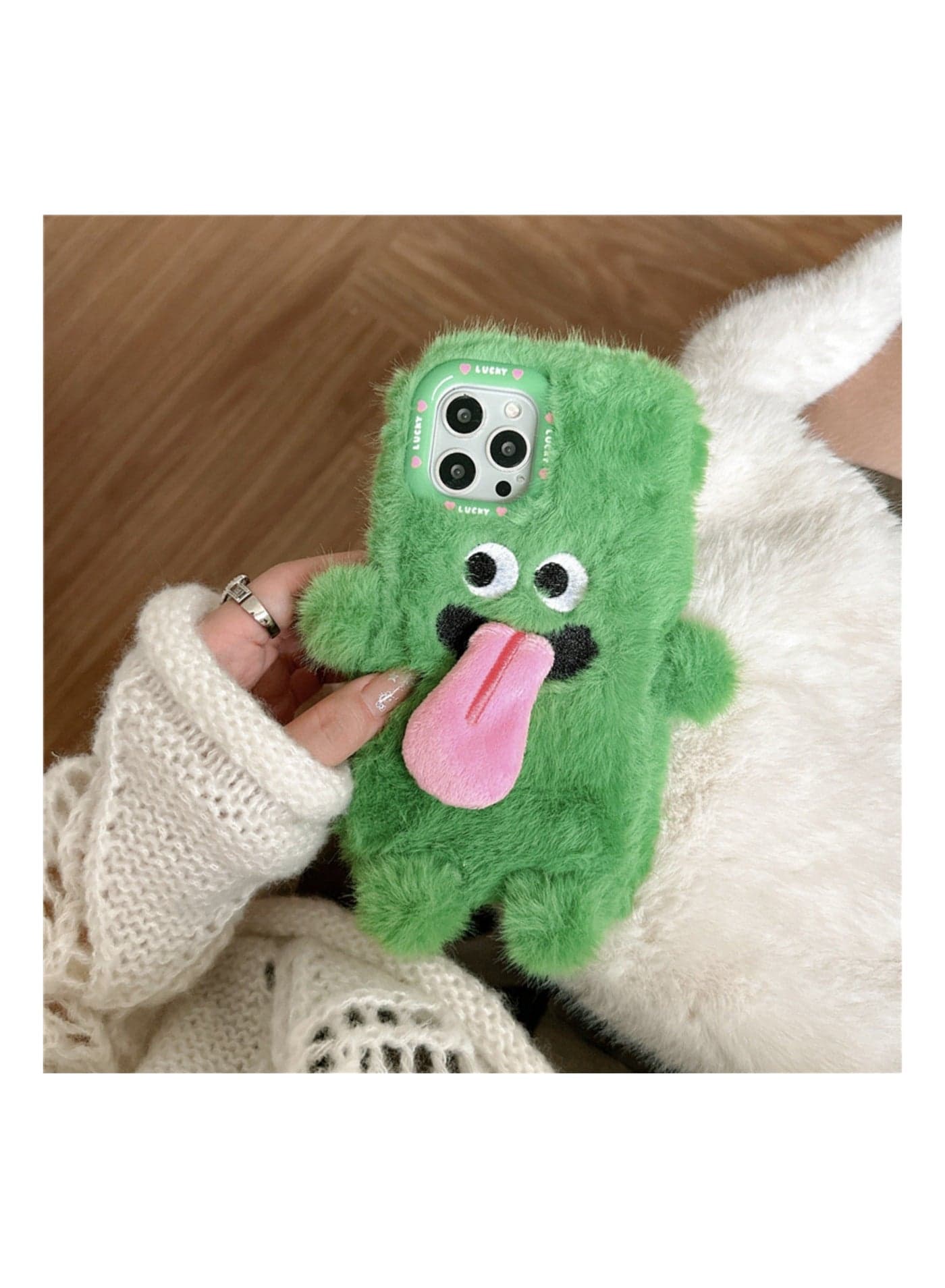 Compatible with iPhone 15 Pro Max Case, 3D Cute Plush Furry Fuzzy for Women Fluffy Cartoon Tongue-Out Green Monster Fur Hair Girly Protection Cover, Vibrant, Soft Phone Case (Green)