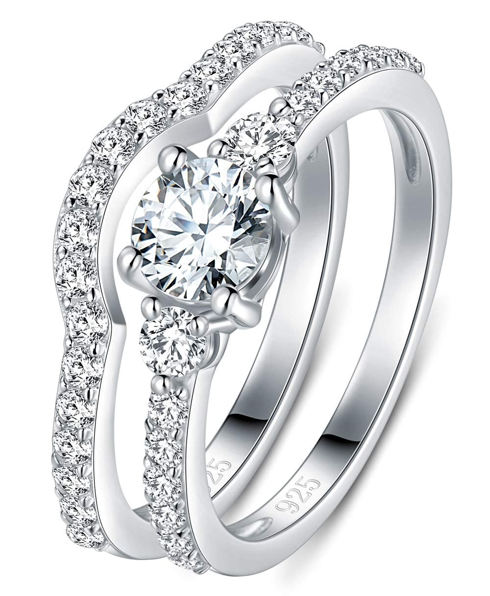 BORUO 925 Sterling Silver Ring, Cubic Zirconia CZ 2pc Wedding Band Stackable Ring Set Size 7