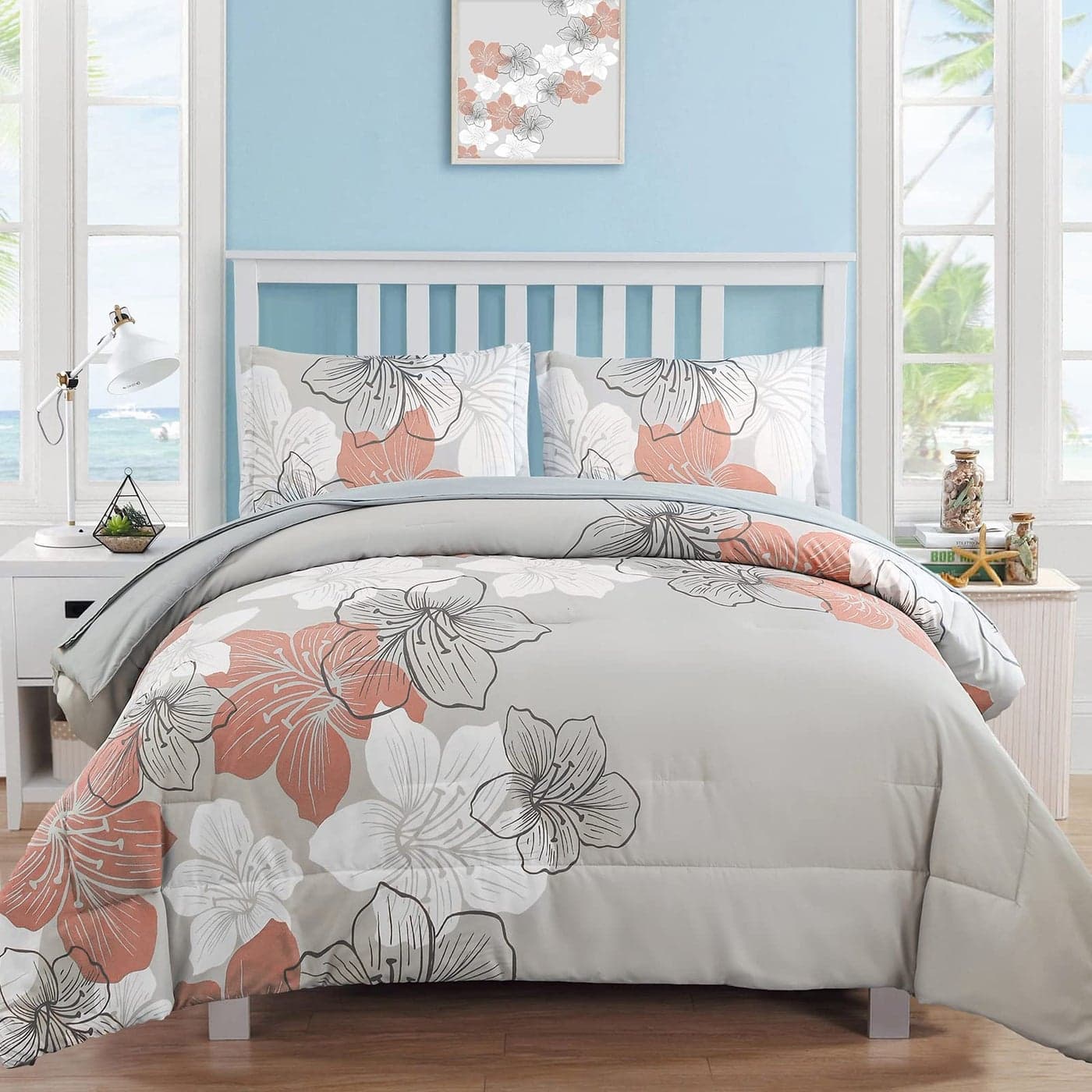 Floral Comforter Set Queen Size Blush Pink Floral Pattern Printed on Light Grey Soft Microfiber 7 Pieces Bed in a Bag 1 Comforter 2 Pillow Shams 1 Flat Sheet 1 Fitted Sheet 2 Pillowcases