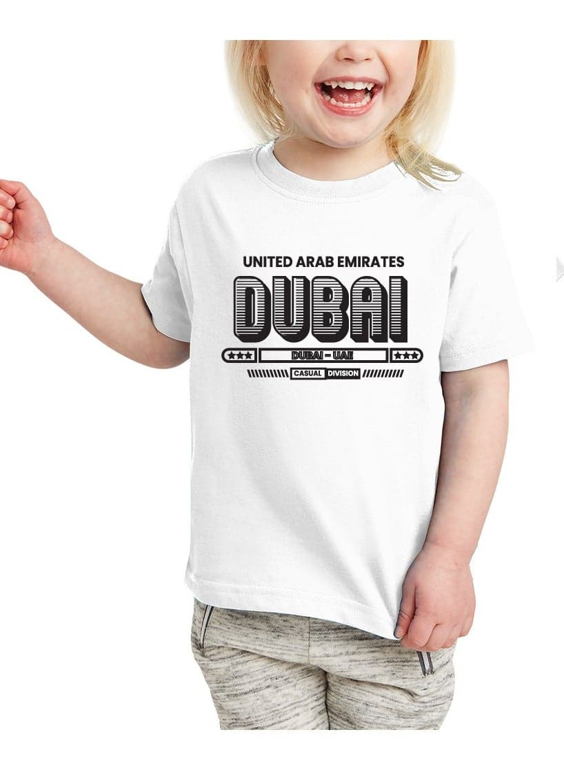 Dubai Printed Kids T-Shirt For Girls – White Cotton Round Neck Tee with “United Arab Emirates Dubai” Graphic | Comfortable Souvenir Wear — 4 YEAR