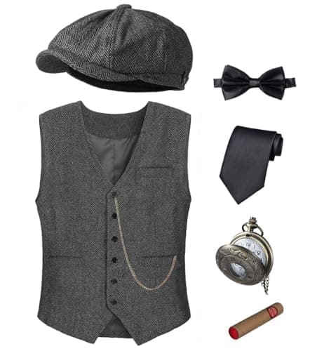 1920s Mens Costume Vest Hat Pocket Watch Accessories Set Adult Party Cosplay Dark Grey X-Large
