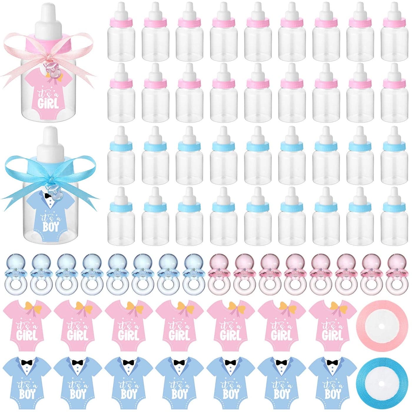 162 Pcs Gender Reveal Baby Shower Favors 48 Mini Milk Bottles Plastic Baby Candy Bottle 48 Mini Pacifiers Tiny Plastic Pacifiers 64 Pcs Its a Boy Girl Gender Reveal Stickers 2 Roll Ribbon