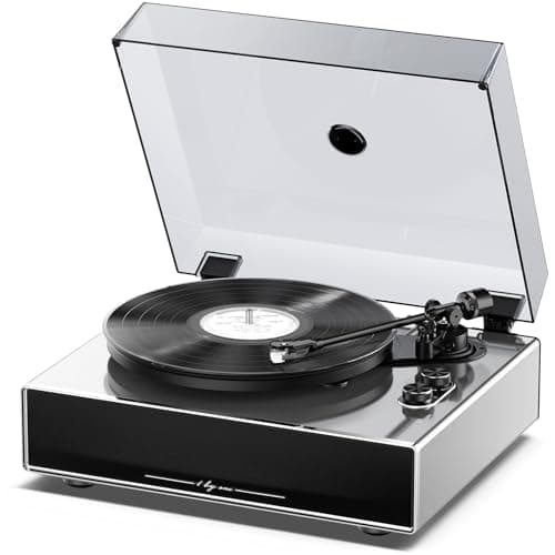 1 by ONE Record Player with Built-in Speakers, Stainless Steel Casing Turntable with DSP, AT-3600L Cartridge, Adjustable Counterweight, 33/45 RPM Vinyl Support, Phono/Line Output