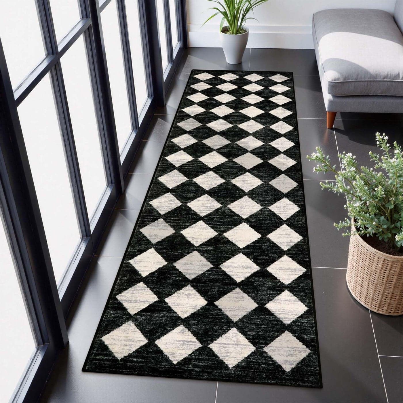 Lahome Moroccan Trellis Runner Rug 2x8 Black Hallway Runner Rug with Rubber Backing Checkered Kitchen Non Skid Carpet Runners Washable Indoor Mat for Camper Entryway Bathroom Hardwood Floor