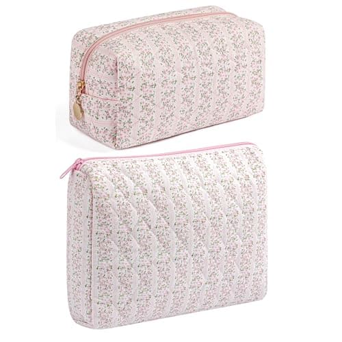 HHQQWZ Makeup Bag Travel Cosmetic Bag for Women Girls Zipper Make Up Pouch Floral Flowers Toiletry Organizer Makeup Portable Storage Cosmetic Travel Cloth Bag 2 Pack LSPink Floral