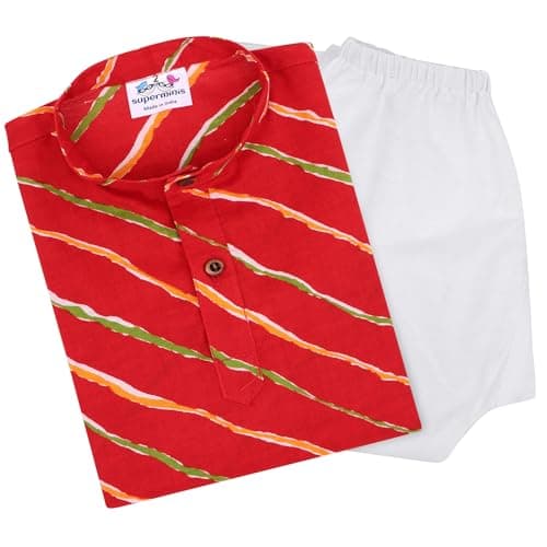 superminis Cotton Boys Sanganeri Lehariya Print Kurta Set with Elastic Closure (3-6 Months, Red), Printed