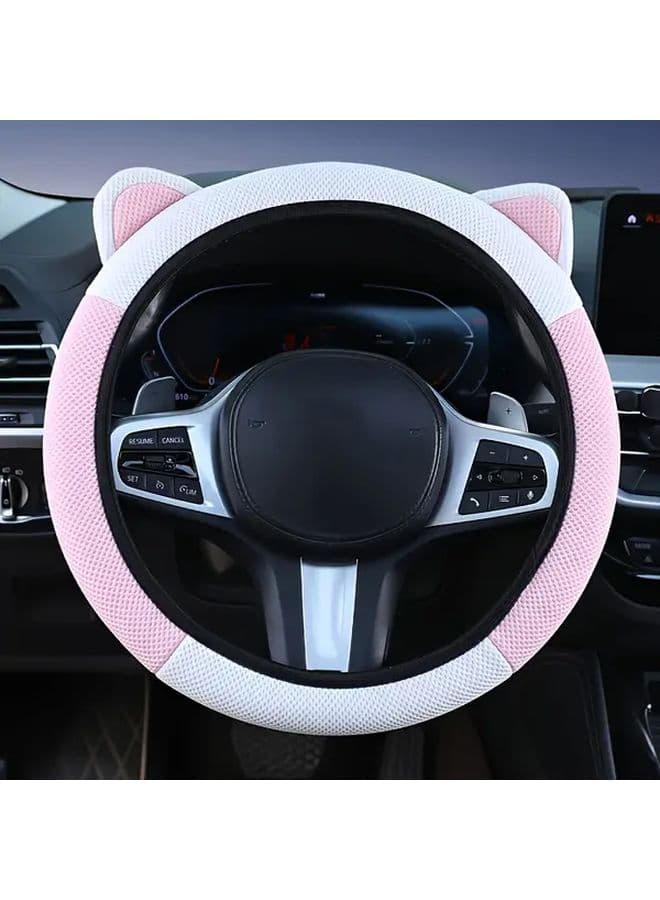 Pink White Cat Ear Steering Wheel Cover Cooling Breathable Non Slip Universal 14 57 15 35 Inches