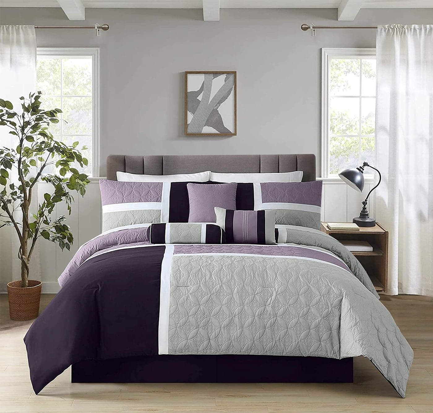 Chezmoi Collection Upland 7Piece Quilted Patchwork Comforter Set LavenderGrayPurple Queen