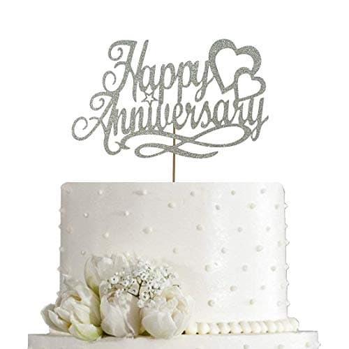 AMINJIE Happy Anniversary Cake Topper Wedding Company Anniversary Birthday Party Decoration Double Sided Silver Glitter
