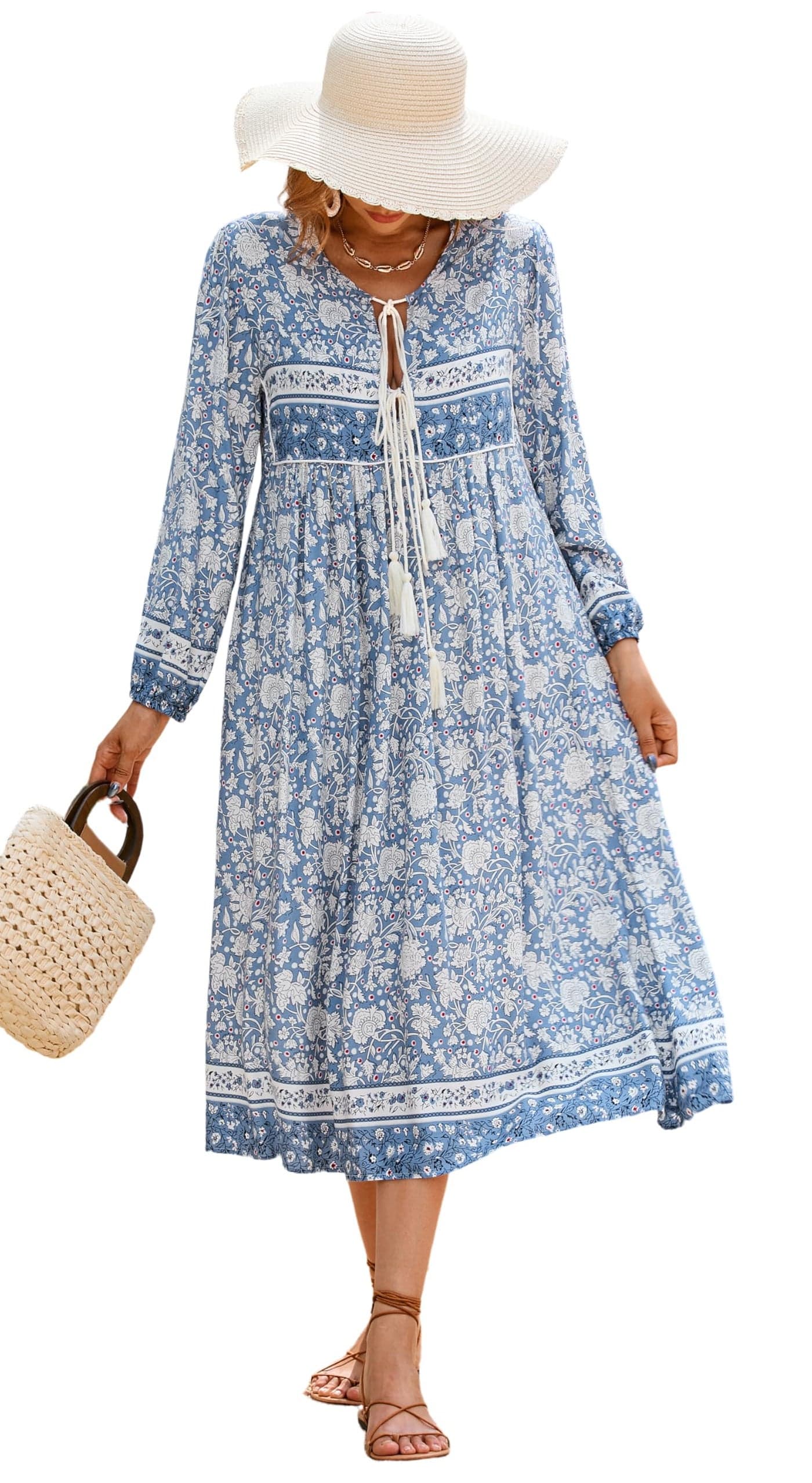 RVivimos Womens Long Sleeve Floral Print Retro V Neck Tassel Bohemian Midi Dresses XL Light Blue