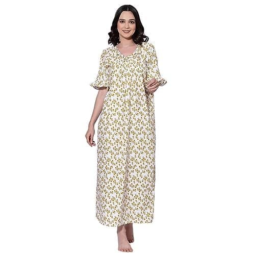 OOMPH! Cotton Blend Nighty for Women's | Night Gown | Nighty | Nightdress | Maxi Dress | Sleepwear | Gown for Women | Nighties | Sleepwear Yellow