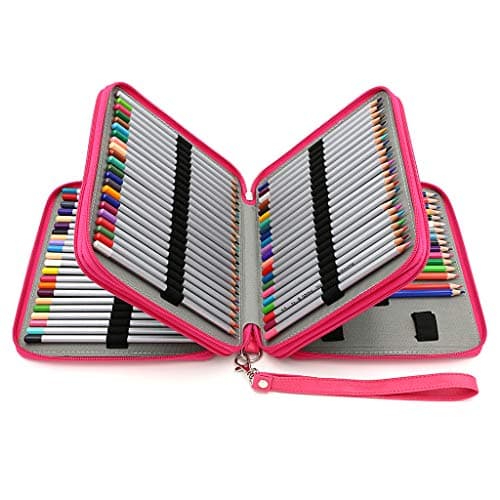 BTSKY Deluxe PU Leather Pencil Case For Colored Pencils - 120 Slot Pencil Holder with Handle Strap Handy Colored Pencil Box Large (Rose Red)