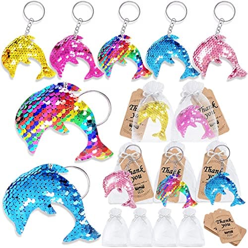 CiciBear 60 Pack Dolphin Sequin Keychains Set with 20 Dolphin Keychains 20 Thank You Tags and 20 Gift Bags for Ocean Themed Party Favors Kids and Adults Birthday Gift Baby ShowerChristmas Party
