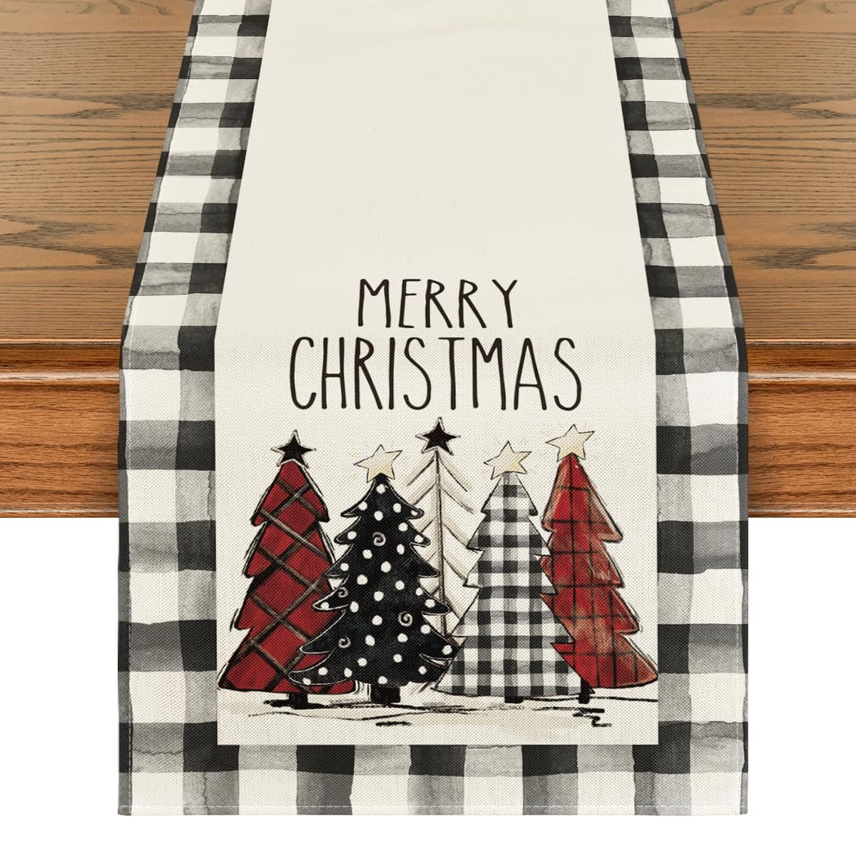 Artoid Mode Waterclor Buffalo Plaid Christmas Trees Merry Xmas Table Runner Seasonal Winter Holiday Kitchen Dining Table Decoration for Indoor Outdoor Home Party Decor 13 x 108 Inch