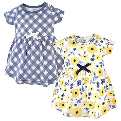 Touched by Nature Girls, Toddler, Baby and Womens Organic Cotton Short-Sleeve and Long-Sleeve Dresses, Yellow Garden Short Sleeve, 12-18 Months