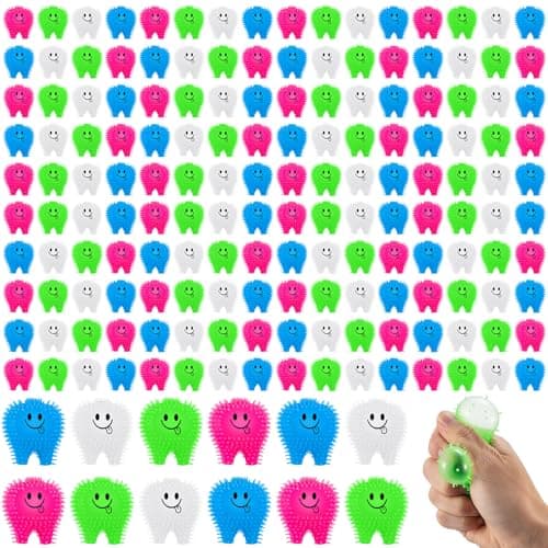 Silipull 100 Pcs Mini Tooth Toys Fidget Stress Relief Puffer Squeezy Dental Dentist Toys Birthday Party Gifts School Office Prizes 2 Inch Multicolored