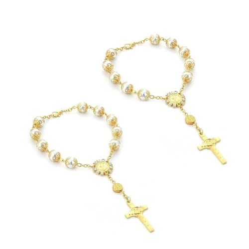 WZP 2PCS Car Rosary for Rearview Mirrors Mini Steering Wheel Rosarys Cross Rear View Mirror Accessories Rosary for Mirror Hanging for Sedan SUV Truck Gold