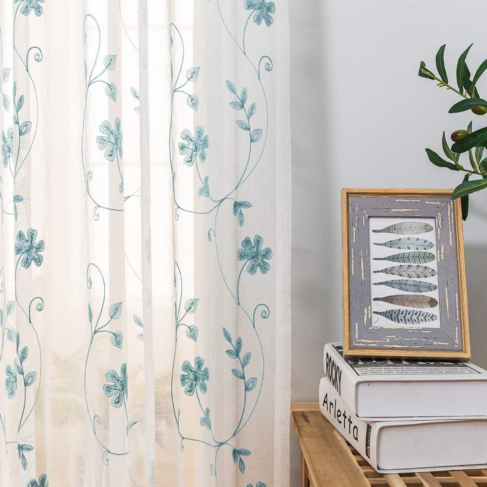 Sheer Curtains Blue 45 Inch Embroidered Floral Rod Pocket Voile Drapes for Living room Bedroom Window Treatments Semi Crinkle Curtain Panels for Yard Patio Villa Parlor Set of 2 52x 45