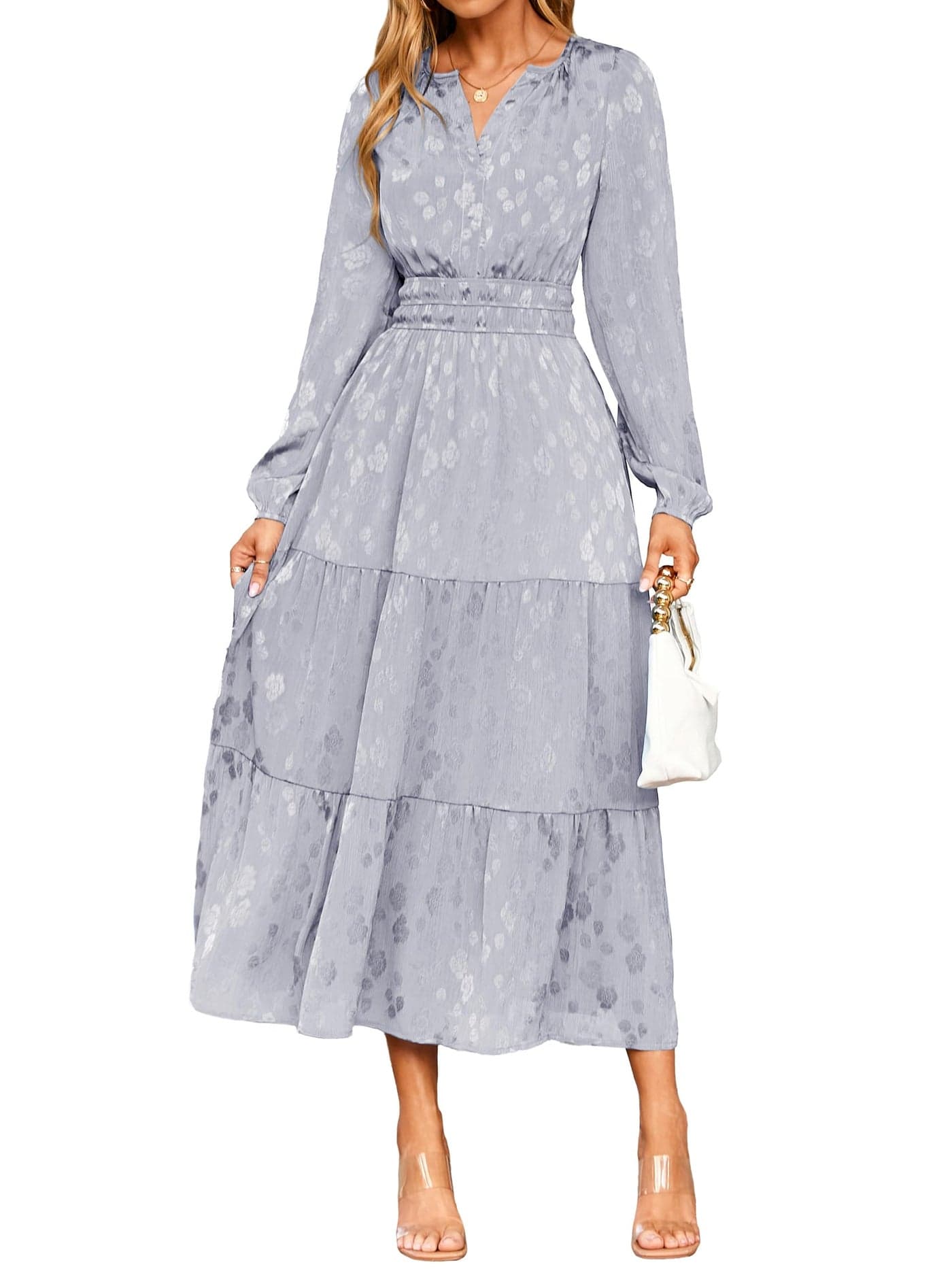 Simplee Womens Casual Long Sleeve Dress Fall Elegant Wedding Guest VNeck Maxi Floral Dresses 2025 TrendyLargeLight Blue