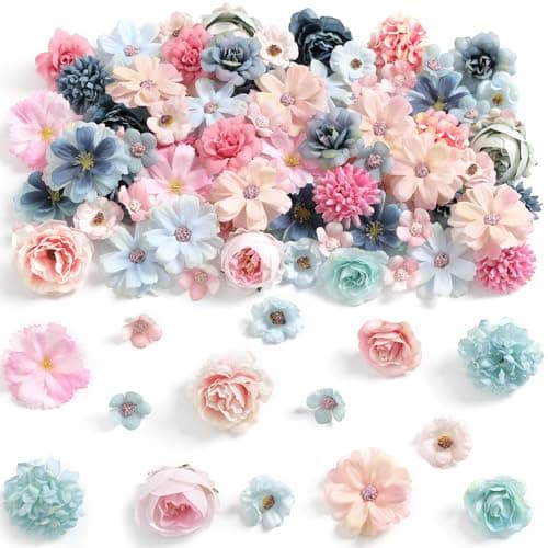 rongflower Faux Flower Heads Mini Blue Artificial Flower Heads Fake Peony Daisy Rose Flowers Multicolor Small Silk Daisy Flower Heads for Craft Garland Wedding Party DIY Home Decoration,2-4 cm