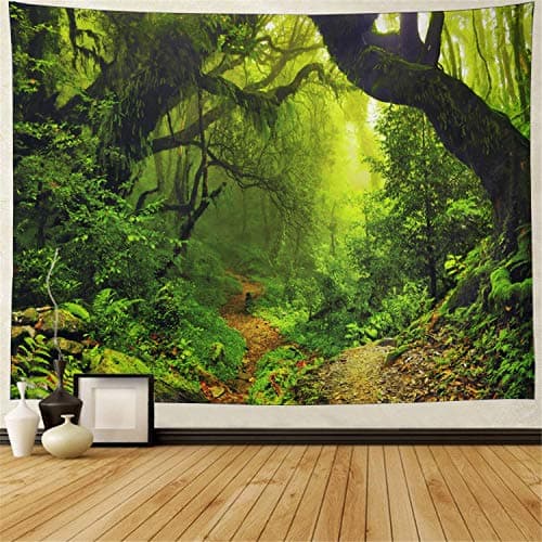 Leofanger Misty Forest Tapestry Nature Green Tree Wall Tapestry Virgin Rainforest Landscape Wall Hanging for Bedroom Living Room (51.2" × 59.1")