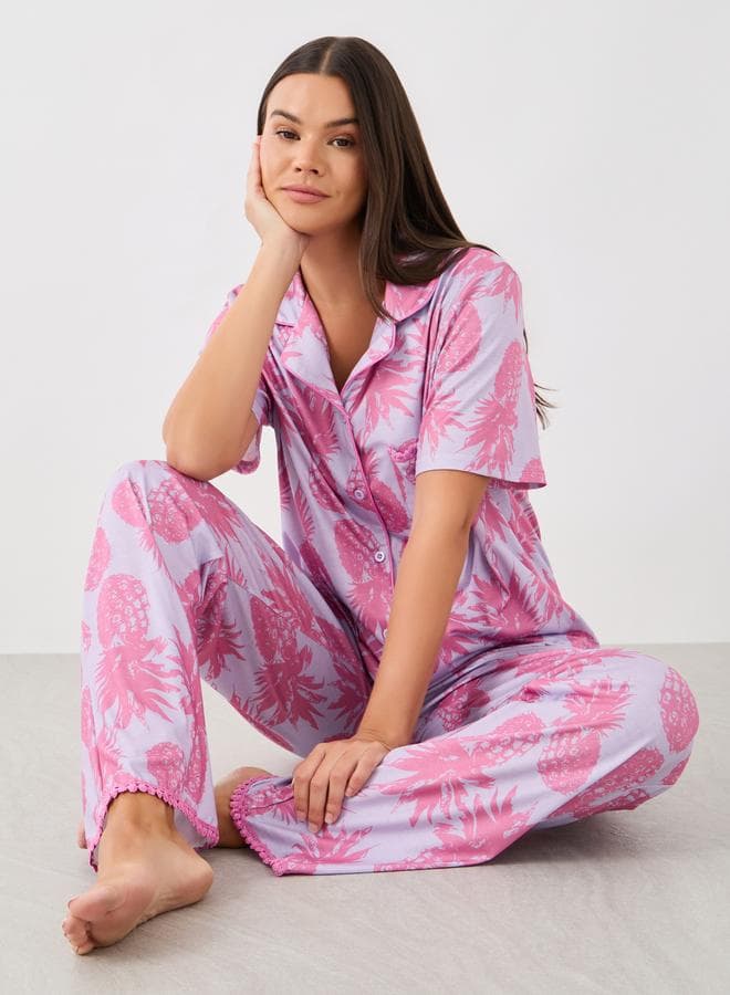 All-Over Pineapple Print Pompom Pocket Shirt And Pyjama Set