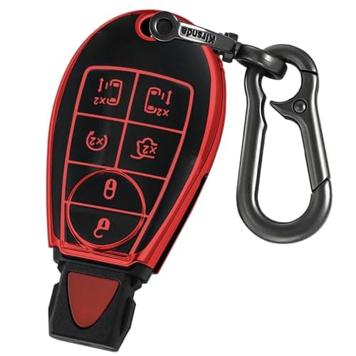 Kirsnda Key fob Cover Metal Buckle Compatible with Dodge Chrysler RAM Durango Grand Cherokee ect Smart RemoteKey Skin TPU Protection Key Case 6 Buttons red