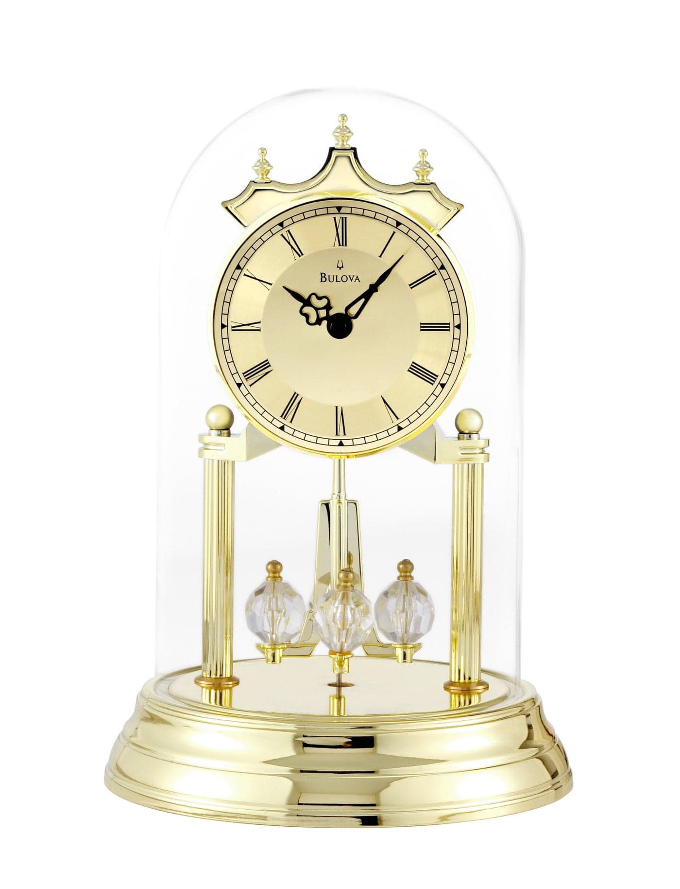 Bulova Tristan I Desk and Table Clock Model B8818 Polished Brass Finish Polished Metal Base Floating Dial Roman Numerals Elegant Pendulum Design