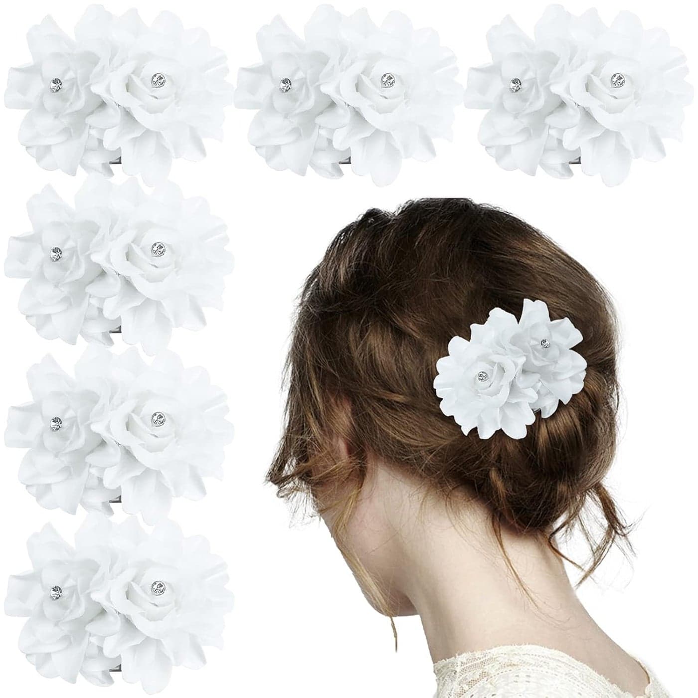 6 Pcs Flower Hair Clips Crystal Hair Barrettes White Floral Hair Clip Rhinestone Orchid Hair Clip Bridal Wedding Accessories for Women Girls White