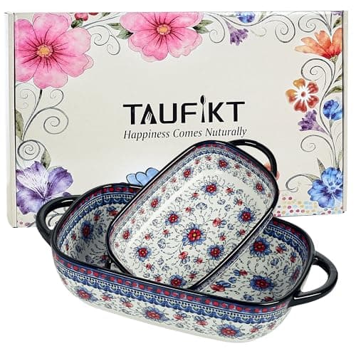 TAUFIKT Ceramic Casserole Dishes for Oven, Hand-painted Polish Pottery Baking Dish Set of 2, 0.8QT / 2QT Porcelain Casserole Dishes with Handles, Baking Pan Lasagna Pan, Gift for Family/Friend (Blue)