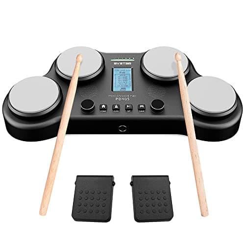 HXW PD405 Tabletop Electric Drum Set, With 163 Percussion Sounds, 4 Velocity-Sensitive Drum Pads, 2 Pedals and Drum Sticks Christmas Birthday Gift
