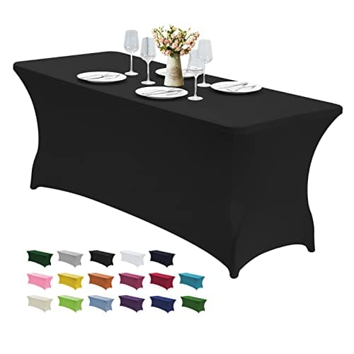 CWK 6FT Waterproof Stretch Spandex Table Cover for Rectangular Tables - Elastic Fitted Tablecloth for Folding Tables,Wrinkle Resistant Table Cloth for Parties, Weddings, Banquets & Events (Black)