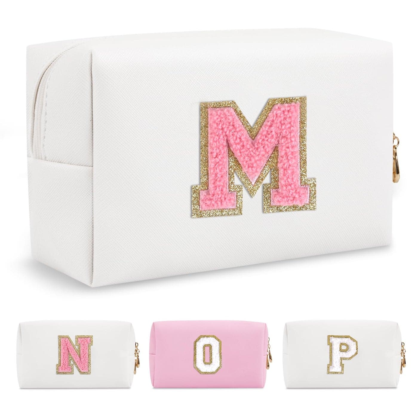 Personalized Makeup Bag Initial AZ Preppy Patch BagSmall PU Leather Travel Cosmetic Bag Pouch with ZipperWhite Cute Toiletry BagGift Ideal for Teen Girls Women Birthday Friend MomLetter M