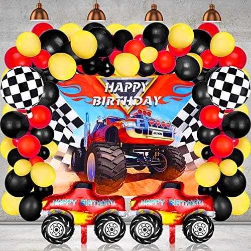 Sumind 75 Pcs Truck Party Supplies Truck Birthday Decorations Include Truck Backdrop Truck Balloons Mosaic Race Foil Balloon Multicolor Balloons