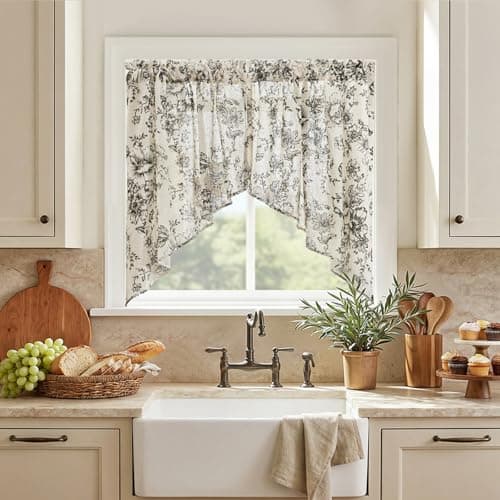 jinchan Floral Swag Valance for Windows 36 Inch Length Farmhouse Linen Kitchen Valances Country Light Filtering Small Window Treatment for Bedroom Living Room 2 Panels Black on Linen