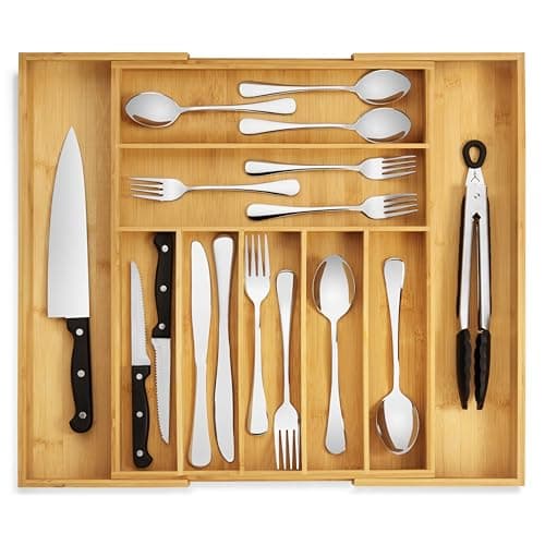 Purawood Bamboo Drawer Organizer - Expandable Silverware Organizer & Utensil Drawer Organizer, Cutlery Tray with Dividers, 7-9 Slots- Kitchen Organizer for Utensils & Flatware (Natural)