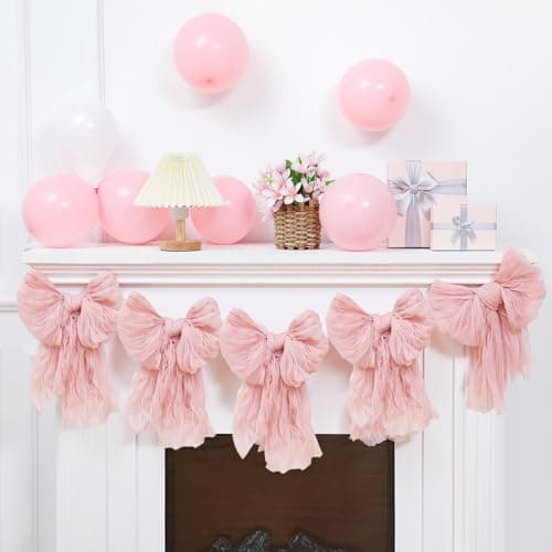 VitalCozy Pink Bow Garland Banner for Christmas Coquette Birthday Pink Bow Party Hanging Swirls Decorations for Baby Shower Bridal Shower Bachelorette Party Decor