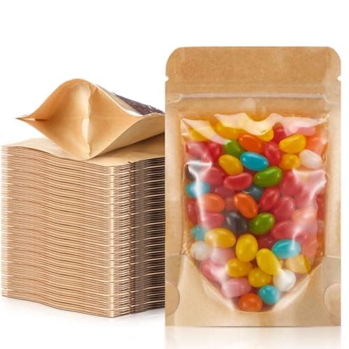 AmazingSpark 300 Pcs Kraft Bags with Window 4" x 6" Clear Front Pouches Resealable Zipper Food Brown Stand up Bags Bulk Bakery Coffee, Bean, Snack Storage Packaging Pouch for Home or Small Business