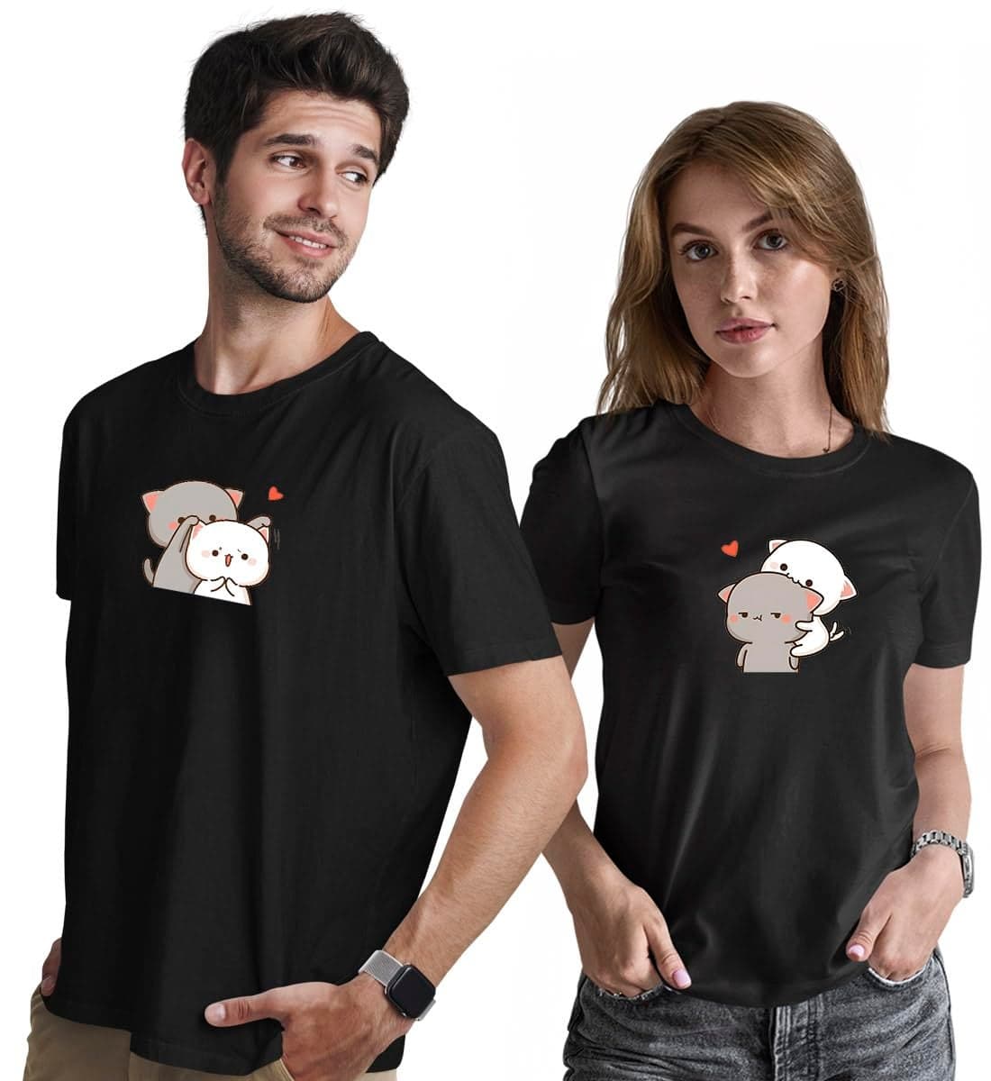 INDISSH Couple Matching T-Shirt Combo | Round Neck 100% Cotton Tshirt for Men and Women - CPL_RNM-CAT-BLK-2XL_WRN-CAT-BLK-M