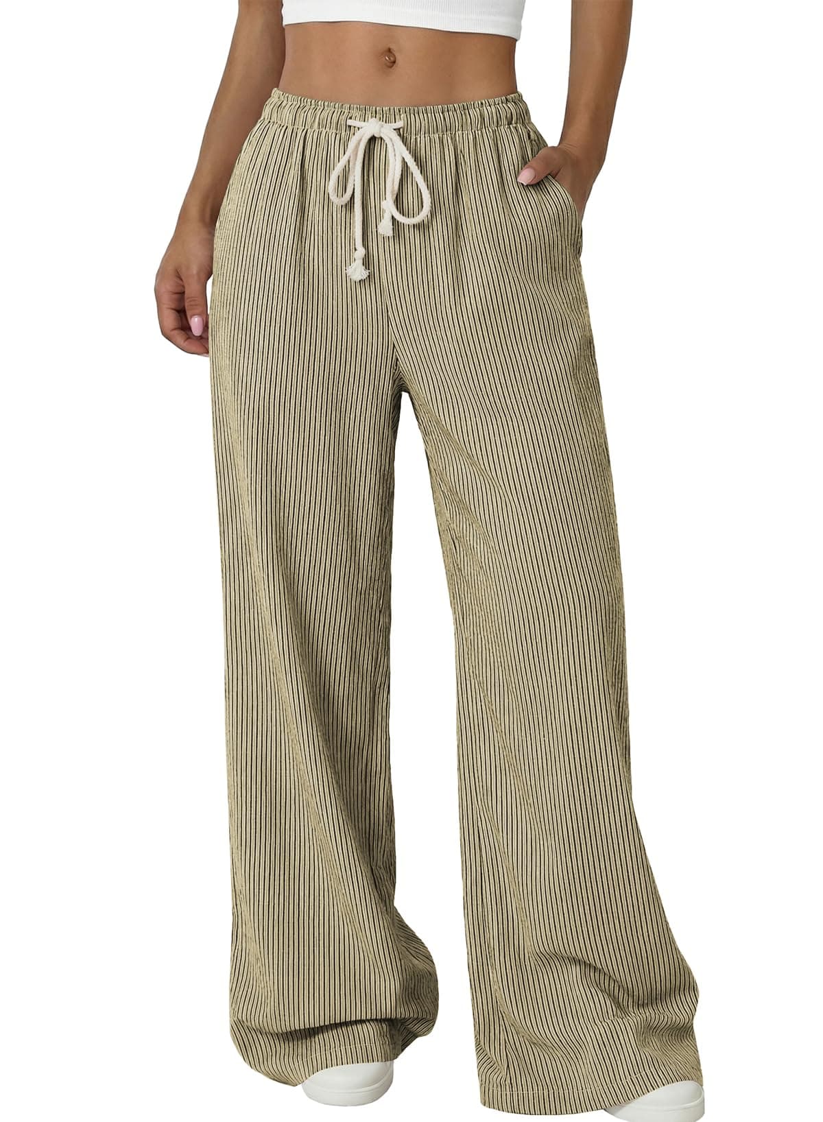 Acelitt Women’s Wide Leg Striped Palazzo Pants Drawstring Elastic Waist Casual Loose Lounge Pants Beach Trousers with Pockets Vacation Outfits Summer Clothes for Women Coffee Medium
