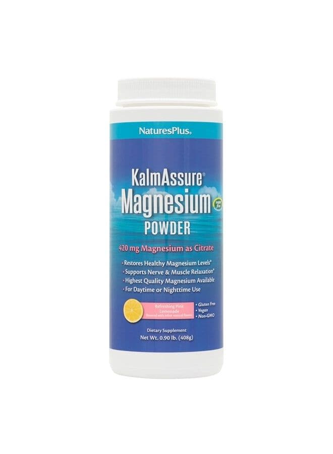 NaturesPlus Kalmassure Magnesium Powder - 400 mg, Vegan Powder - Pink Lemonade Flavor - Natural Stress Relief, Supports Nerve and Muscle Relaxation - Non-GMO, Vegetarian, Gluten-Free - 60 Servings