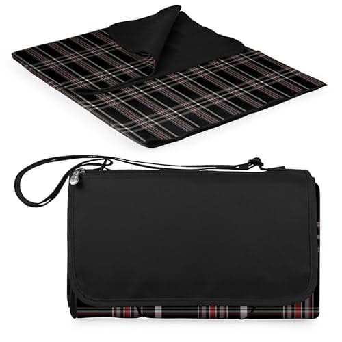 ONIVA Blanket Tote XL Outdoor Picnic Blanket, 70"x80" Foldable Beach Blanket with Fleece Top, Water-Resistant Backing, Strap & Pocket, Portable Mat for 4-5 People by Picnic Time (English Plaid/Beige Flap)