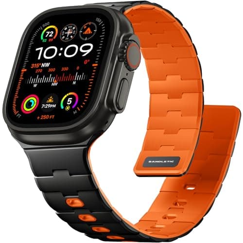 Bandletic Magnetic Silicone Bands Compatible with Apple Watch Ultra 3 2 Band 49mm for Men Women, Sport Strap for iWatch Series 11 10(46mm),9 8 7(45mm),SE3 SE2 SE 6 5 4(44mm),3 2 1(42mm), Black/Orange